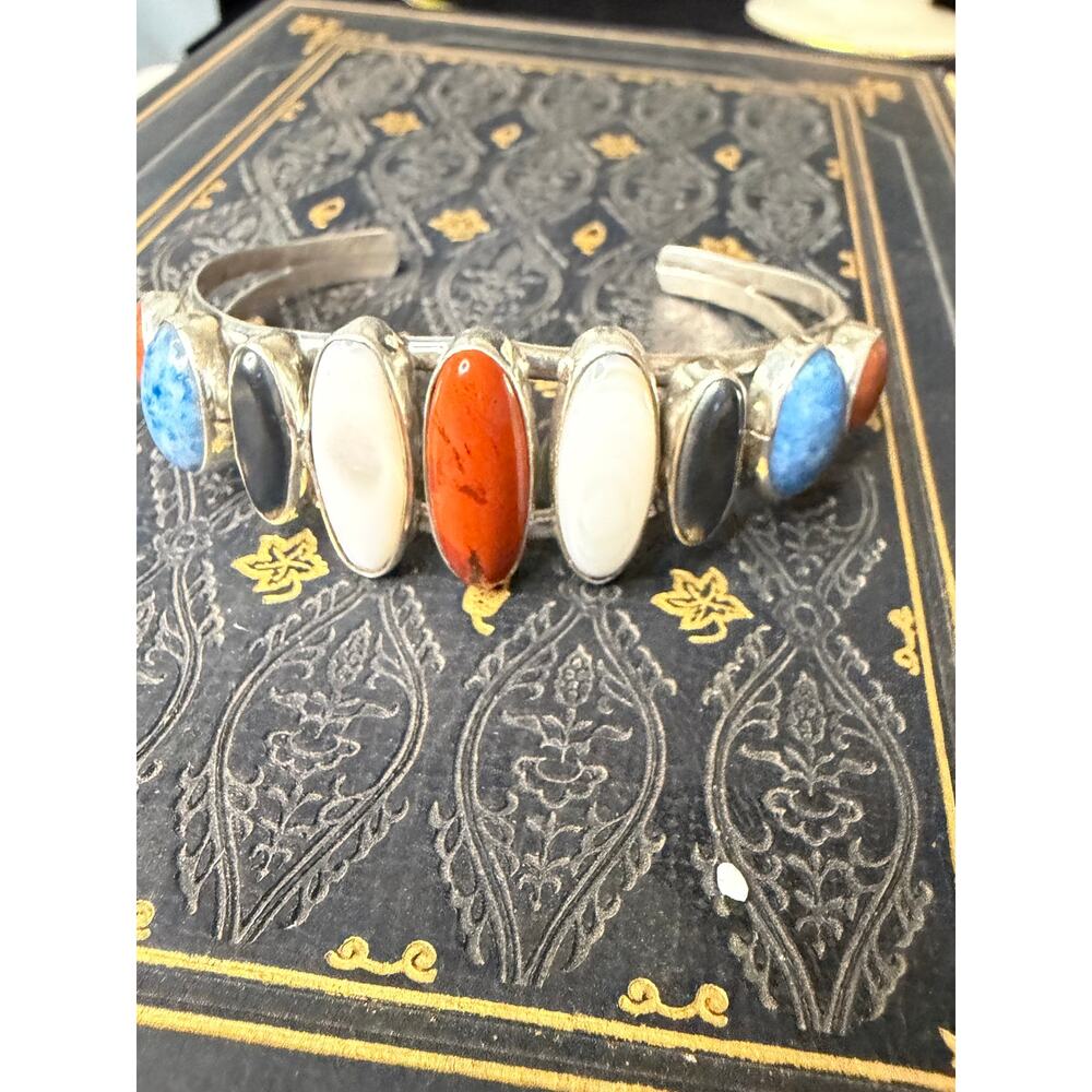 Vintage Sterling Silver Multi Stone Cuff Bracelet Modernist Southwestern Artisan